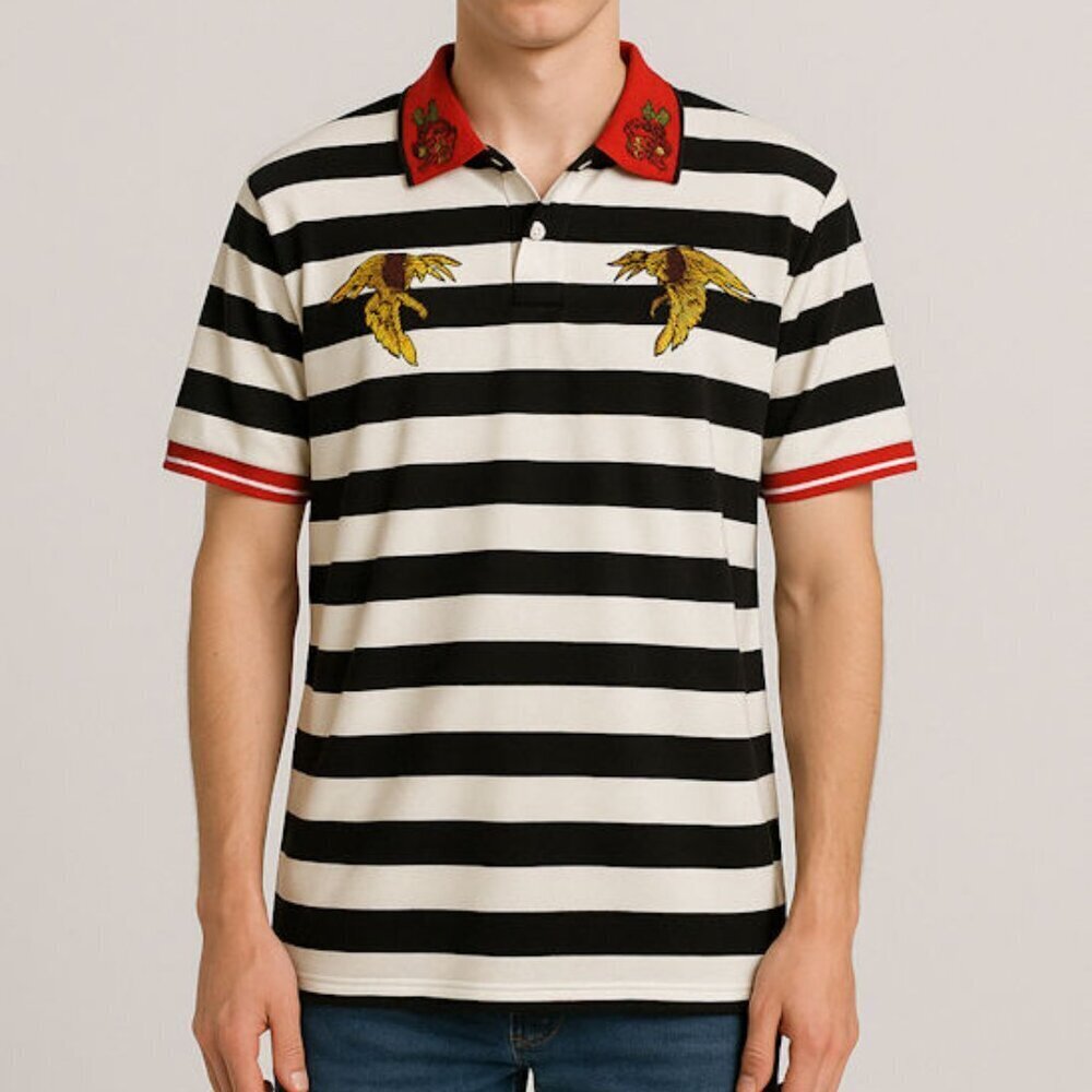 Reason Mens B&W Striped Polo Shirt w Embroided Bees & Roses Size: L